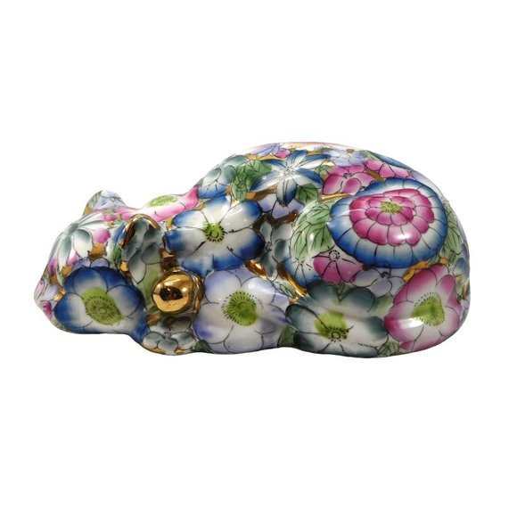 Vintage Peony Flowers Sleeping Cat Figurine Kutani Style Hand Painted 9.75" - Picture 2 of 9